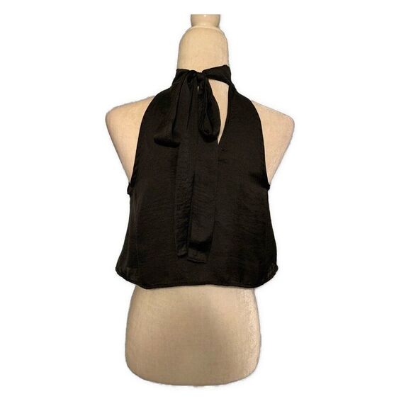 Solemino Womens Solid Black Satin Halter Tank Crop Top Medium - Picture 2 of 4